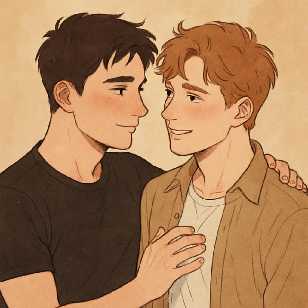 Cartoon image of 2 blushing boys gazing at each other