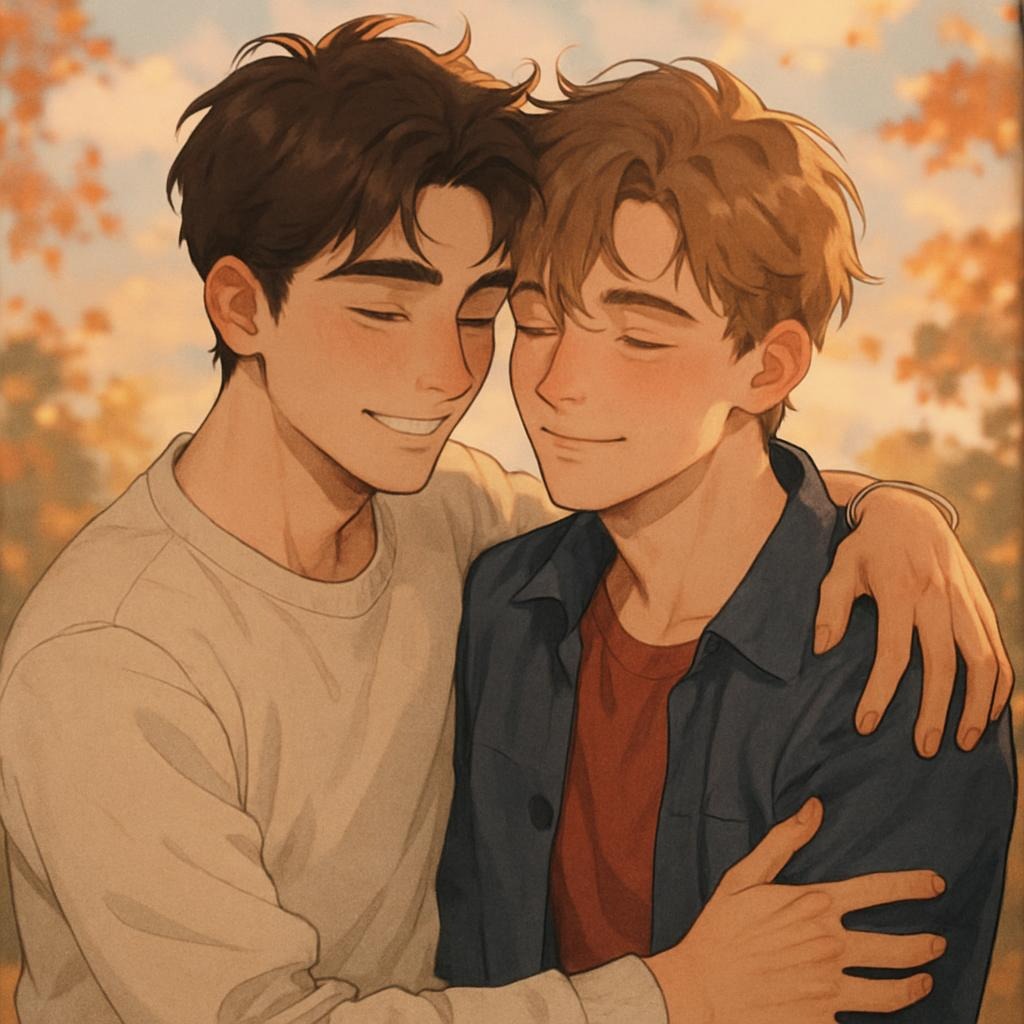 Cartoon image of two boys enjoying each other's presence.