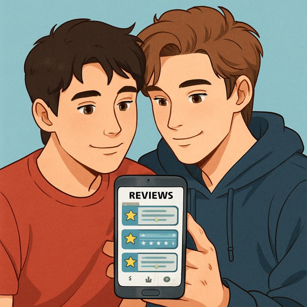 Two boys holding up a cell phone and the screen reads "reviews".