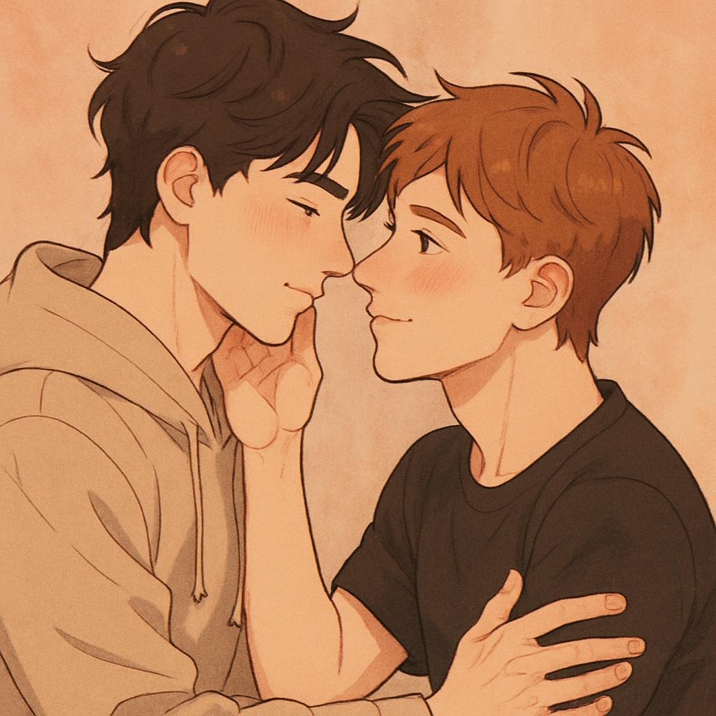 Cartoon image of a male gently caressing the face of a taller male. They both are smiling.